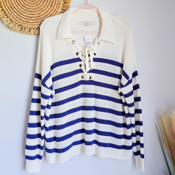 Ann Taylor Loft New Striped Lace Up Polo Sweater Navy White Nautical SZ Large - Picture 2 of 11